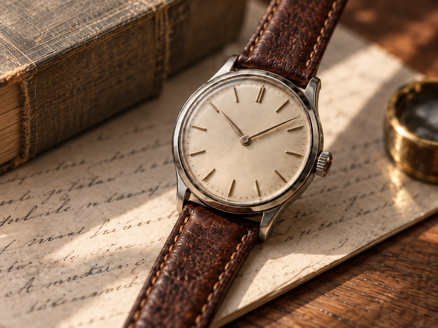 An unbranded vintage watch with an ivory dial and brown leather strap on aged paper